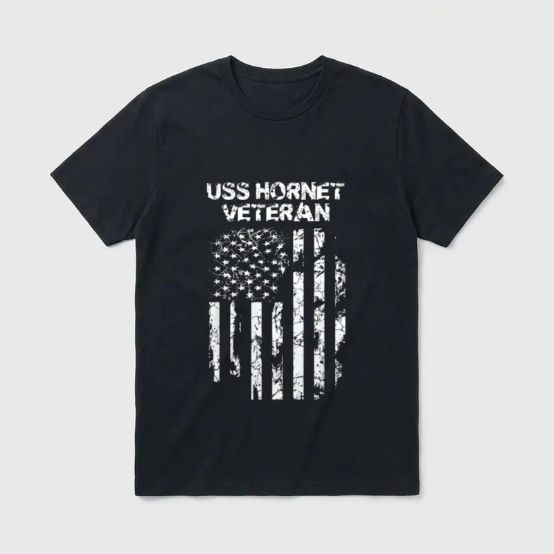USS Hornet Veteran T-Shirt – USS HORNET VETERAN text above a distressed American flag design – Classic T-Shirt in Black