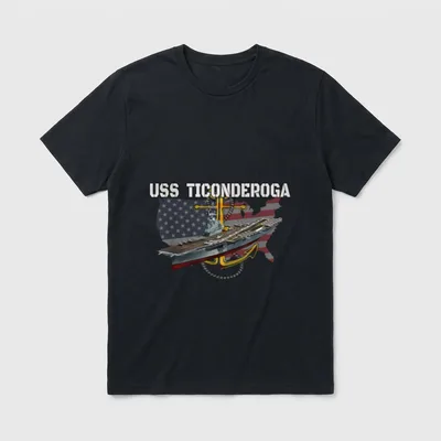 CV-14 Navy Ship Veteran T-Shirt – USS TICONDEROGA text with aircraft carrier and crossed anchors – Classic T-Shirt in Black