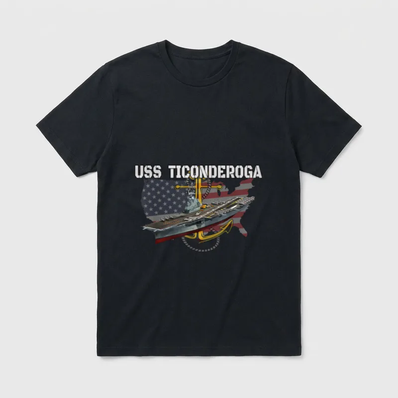 CV-14 Navy Ship Veteran T-Shirt – USS TICONDEROGA text with aircraft carrier and crossed anchors – Classic T-Shirt in Black