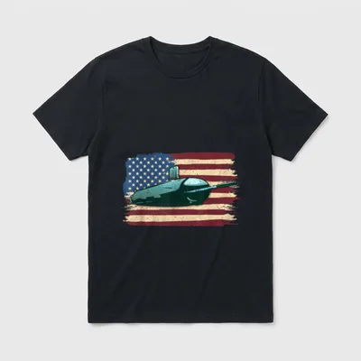 Navy Submarine Torpedo T-Shirt – Submarine on distressed American flag background – Classic T-Shirt in Black
