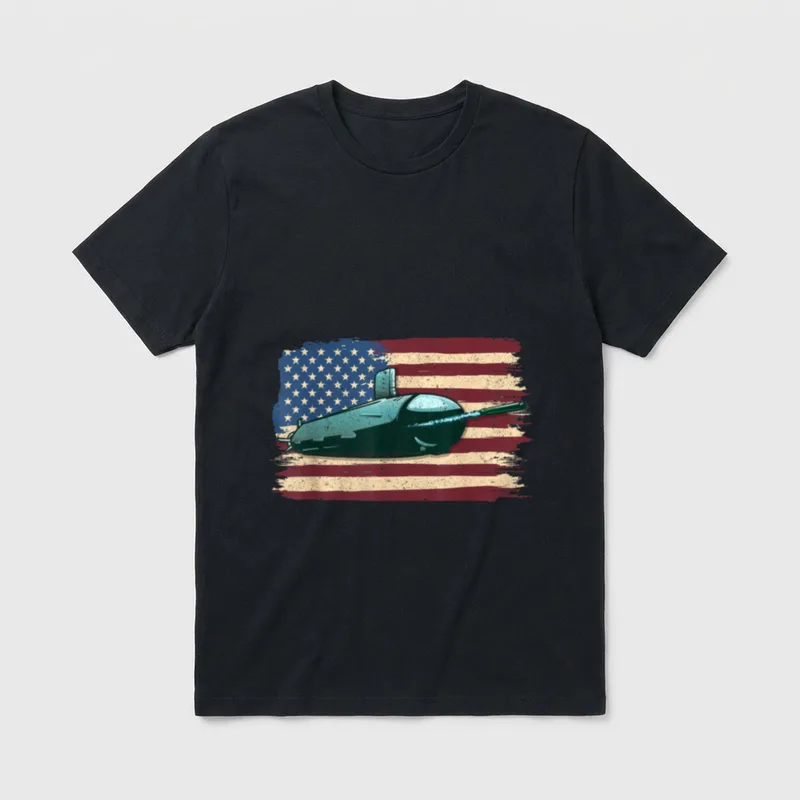 Navy Submarine Torpedo T-Shirt – Submarine on distressed American flag background – Classic T-Shirt in Black