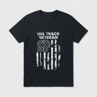 USS Thach Veteran T-Shirt – USS THACH VETERAN text above distressed American flag – Classic T-Shirt in Black