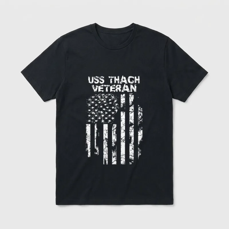 USS Thach Veteran T-Shirt – USS THACH VETERAN text above distressed American flag – Classic T-Shirt in Black