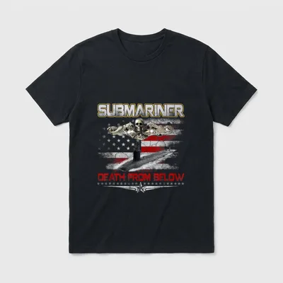 Silent Service Navy T-Shirt – SUBMARINER and DEATH FROM BELOW text with submarine badge – Classic T-Shirt in Black