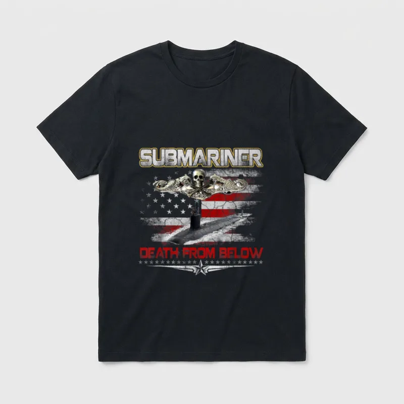 Silent Service Navy T-Shirt – SUBMARINER and DEATH FROM BELOW text with submarine badge – Classic T-Shirt in Black