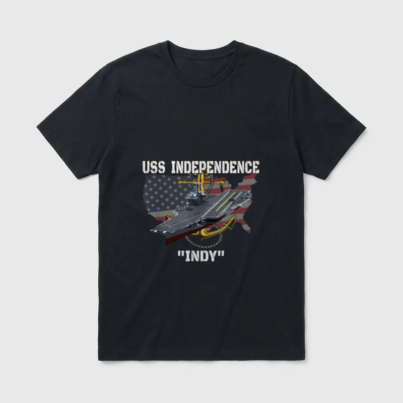 USS Independence CV-62 Veteran T-Shirt – USS INDEPENDENCE ship with flag and anchor, nickname INDY – Classic T-Shirt in Black