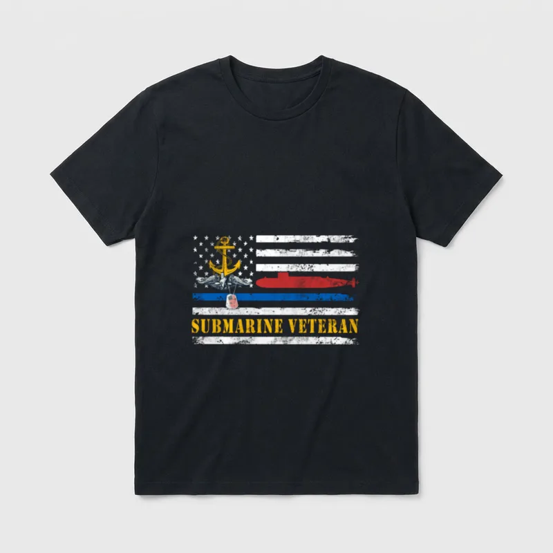 US Navy Submarine Patriotic T-Shirt – Submarine Veteran text with anchor emblem and American flag – Classic T-Shirt in Black