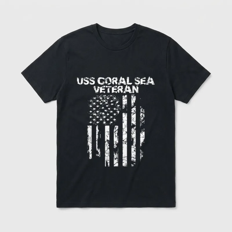 USS Coral Sea Veteran T-Shirt – USS CORAL SEA VETERAN text with distressed flag and stripes – Classic T-Shirt in Black