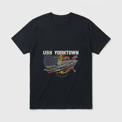 USS Yorktown Veteran T-Shirt – USS YORKTOWN text with aircraft carrier, anchor, and American flag – Classic T-Shirt in Black