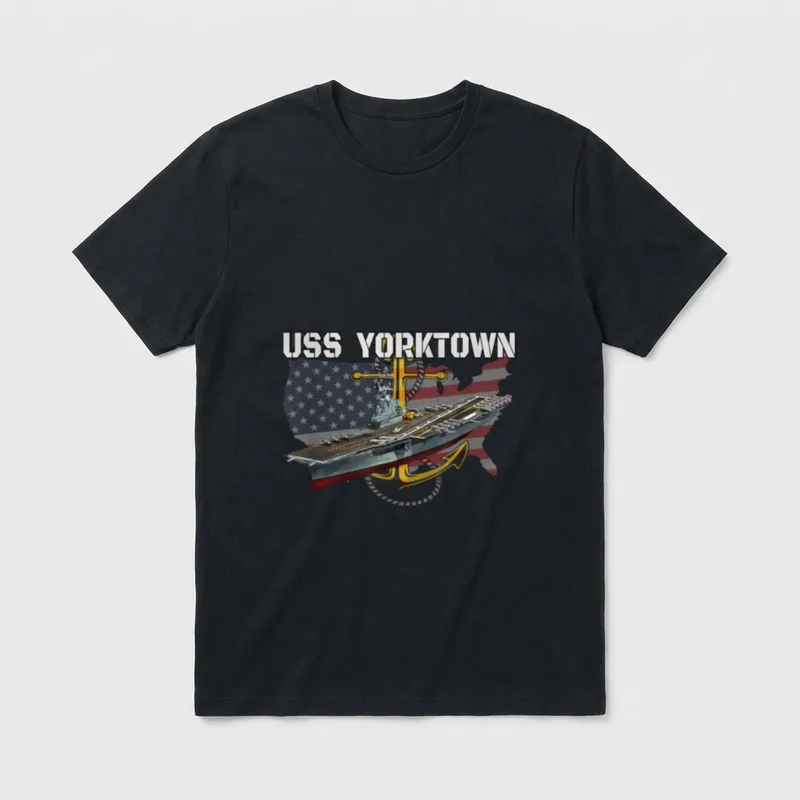 USS Yorktown Veteran T-Shirt – USS YORKTOWN text with aircraft carrier, anchor, and American flag – Classic T-Shirt in Black
