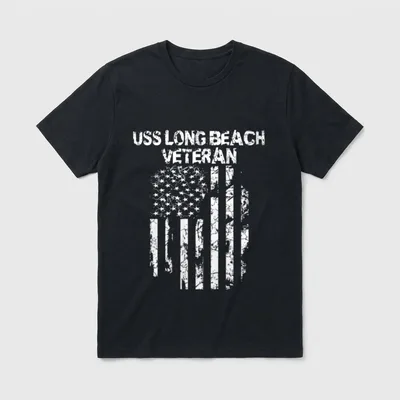 USS Long Beach Navy T-Shirt – USS LONG BEACH VETERAN text with distressed American flag – Classic T-Shirt in Black