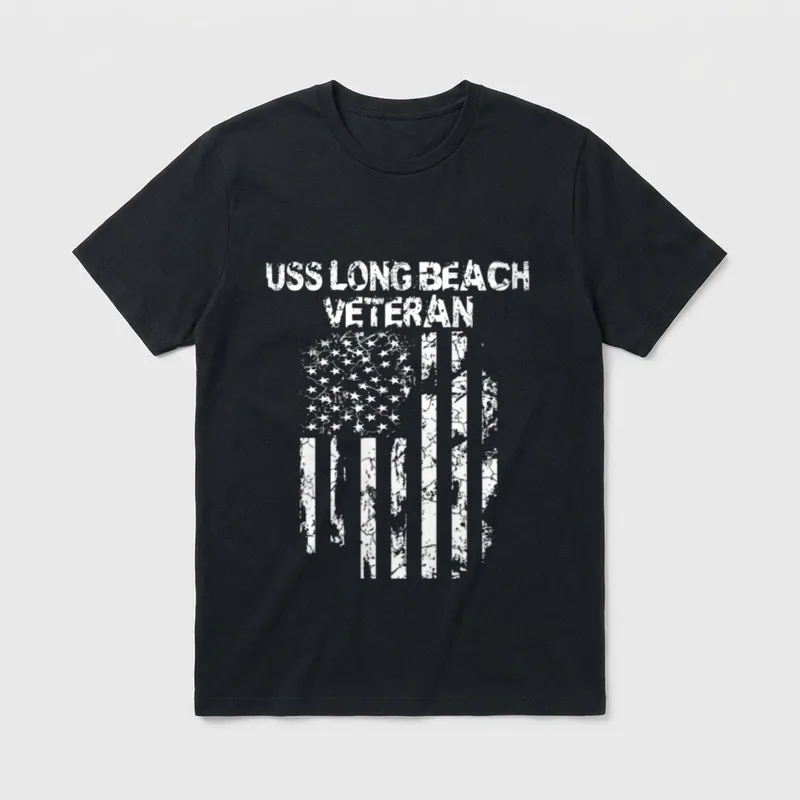 USS Long Beach Navy T-Shirt – USS LONG BEACH VETERAN text with distressed American flag – Classic T-Shirt in Black
