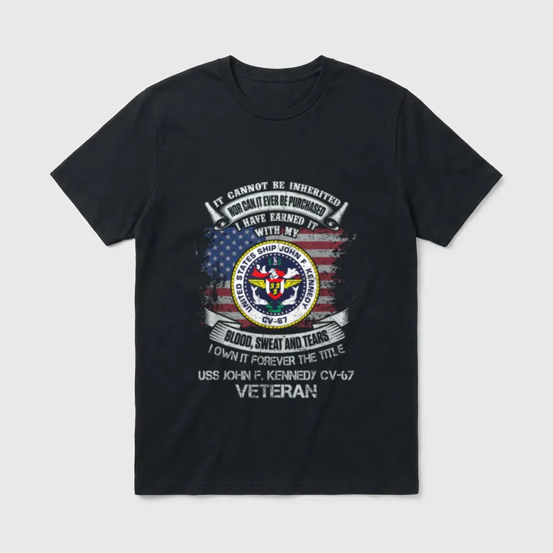 USS John F. Kennedy Veteran T-Shirt – Ship seal CV-67 with American flag and service oath text – Classic T-Shirt in Black