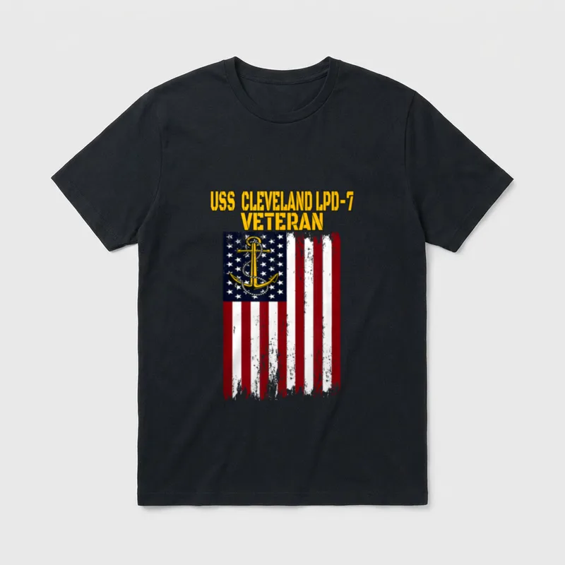 Navy Veteran Cleveland T-Shirt – USS CLEVELAND LPD-7 VETERAN text with anchor emblem and flag – Classic T-Shirt in Black