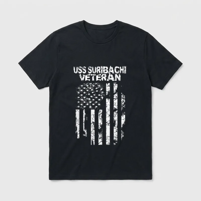 USS Suribachi Veteran T-Shirt – USS SURIBACHI VETERAN text with distressed American flag – Classic T-Shirt in Black