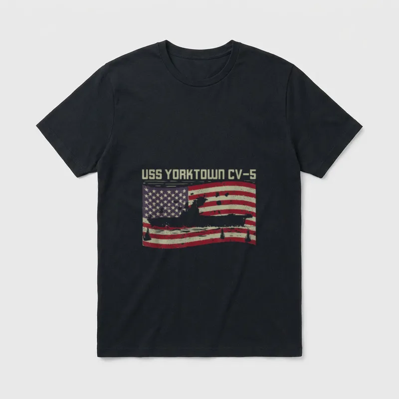 CV-5 for a US Military Veteran T-Shirt – USS Yorktown CV-5 text over distressed American flag – Classic T-Shirt in Black