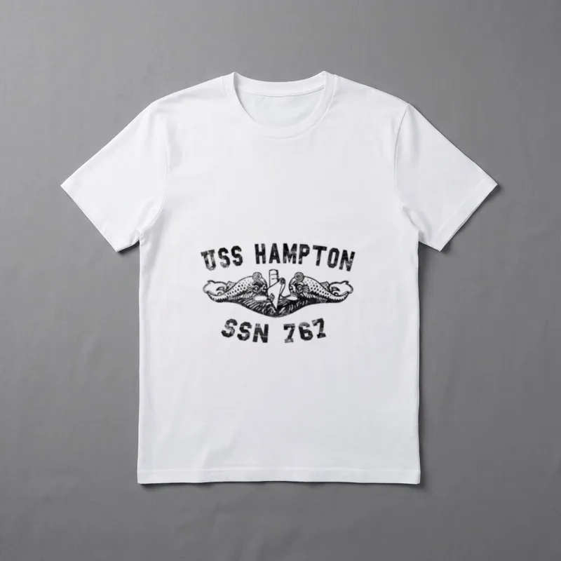 Navy Veterans Hampton T-Shirt – USS HAMPTON SSN 767 text with twin dolphin submarine warfare badge – Classic T-Shirt in Black