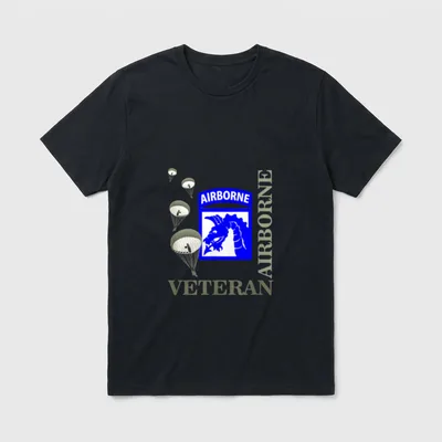 18th Airborne Corps Veteran T-Shirt – Airborne patch, parachutes, and Airborne Veteran text – Classic T-Shirt in Black