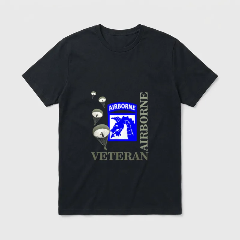 18th Airborne Corps Veteran T-Shirt – Airborne patch, parachutes, and Airborne Veteran text – Classic T-Shirt in Black