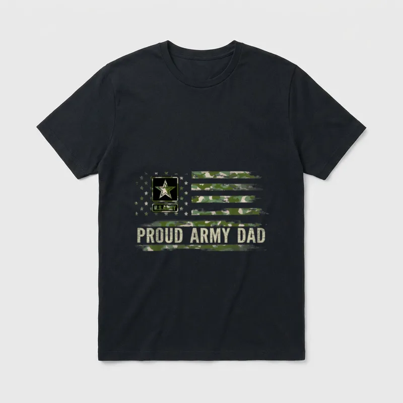 Proud Army Dad T-Shirt – U.S.ARMY insignia with star and camo stripes, PROUD ARMY DAD text – Classic T-Shirt in Black