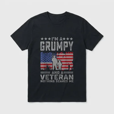 Grumpy Veteran Dad T-Shirt – I'M A GRUMPY AND A VETERAN NOTHING SCARES ME with flag silhouette – Classic T-Shirt in Black