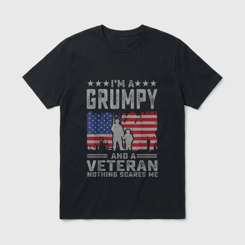 Grumpy Veteran Dad T-Shirt – I'M A GRUMPY AND A VETERAN NOTHING SCARES ME with flag silhouette – Classic T-Shirt in Black