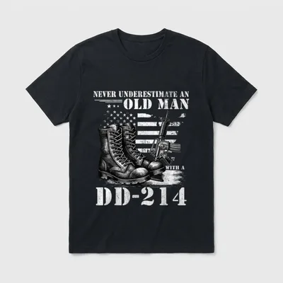 DD 214 Alumni Never Underestimate T-Shirt – Never Underestimate an Old Man with a DD-214 – Classic T-Shirt in Black