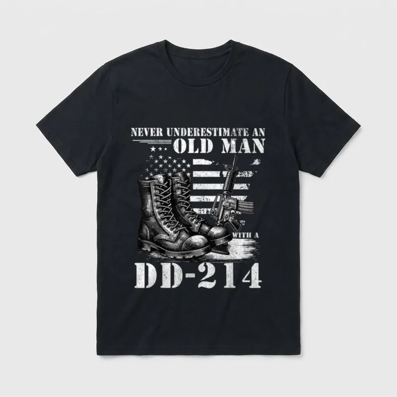 DD 214 Alumni Never Underestimate T-Shirt – Never Underestimate an Old Man with a DD-214 – Classic T-Shirt in Black