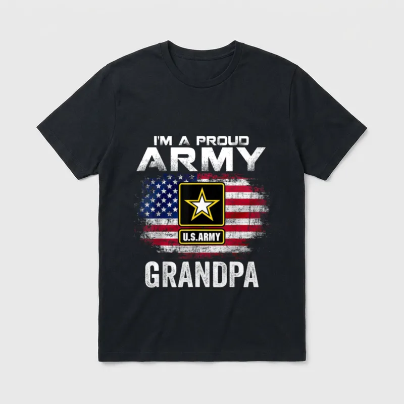 Army Veteran Grandpa American Flag T-Shirt – I'M A PROUD ARMY GRANDPA with Army star and flag – Classic T-Shirt in Black