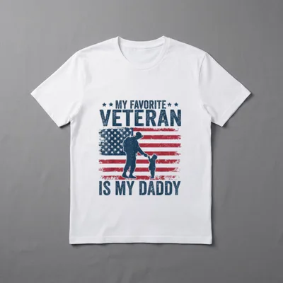 Veteran Dad Kids T-Shirt – "MY FAVORITE VETERAN IS MY DADDY" with American flag and silhouettes – Classic T-Shirt in Black