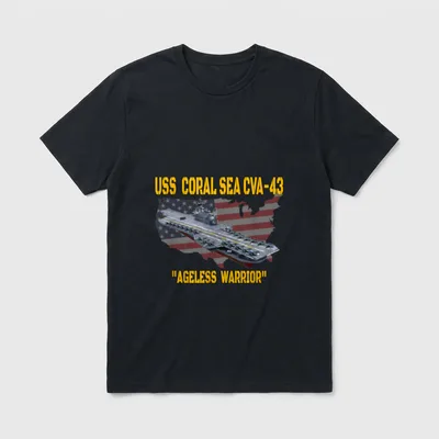 Aircraft Carrier USS Coral Sea CVA-43 T-Shirt – USS CORAL SEA CVA-43 and AGELESS WARRIOR text – Classic T-Shirt in Black