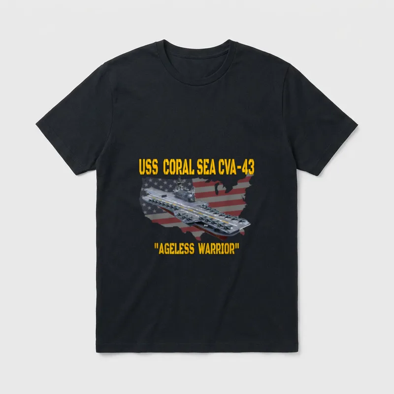 Aircraft Carrier USS Coral Sea CVA-43 T-Shirt – USS CORAL SEA CVA-43 and AGELESS WARRIOR text – Classic T-Shirt in Black