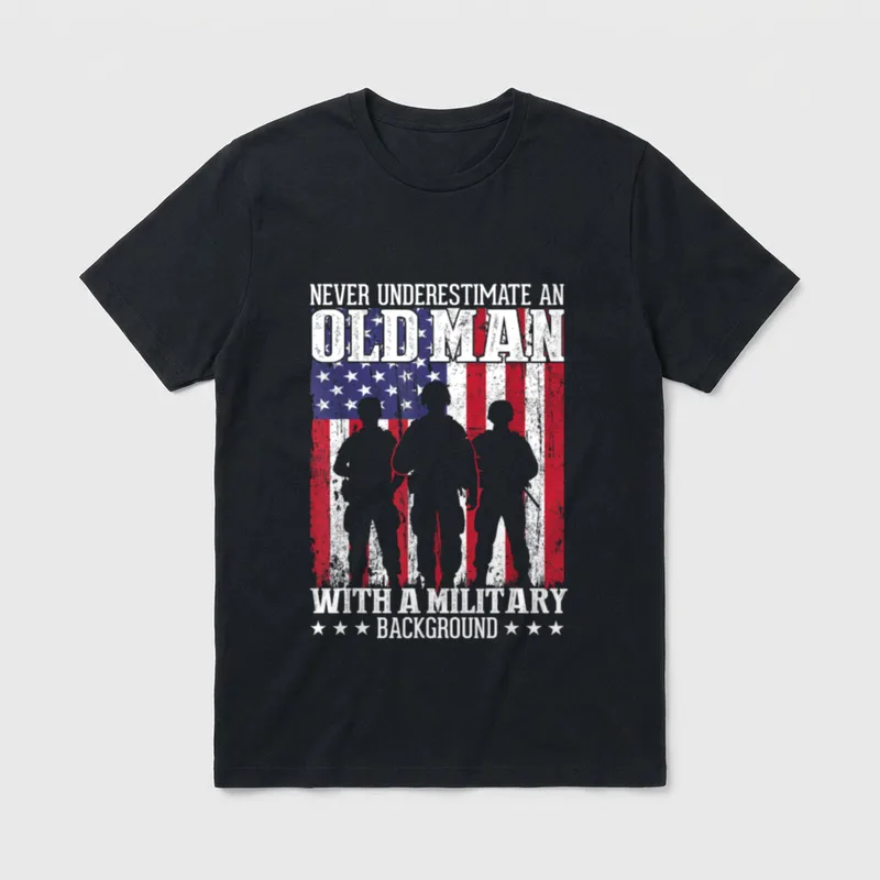 Veteran Old Man USA T-Shirt – Bold text: Never Underestimate an Old Man with a Military Background – Classic T-Shirt in Black