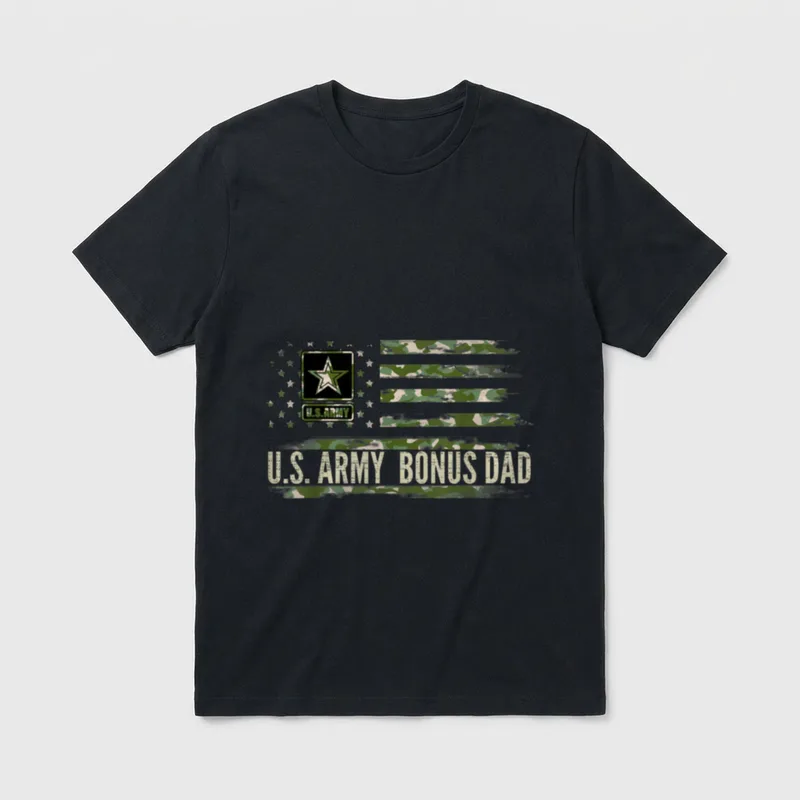 Bonus Dad Army Veteran T-Shirt – U.S. Army star badge and camouflage stripes with text – Classic T-Shirt in Black