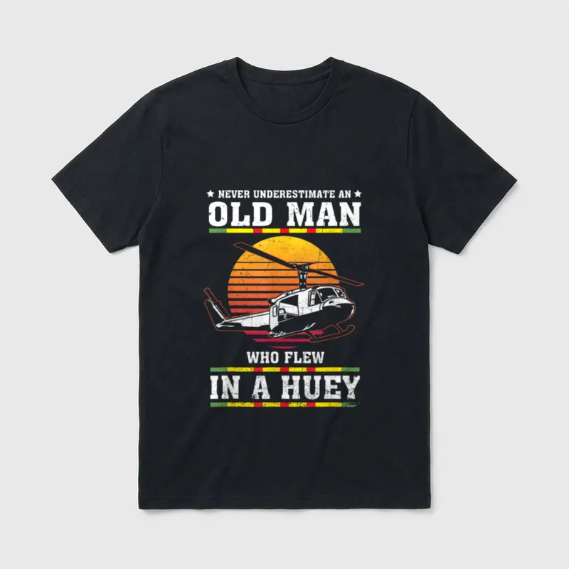 Vietnam War Veteran Grandpa T-Shirt – Never Underestimate an Old Man Who Flew in a Huey – Classic T-Shirt in Black
