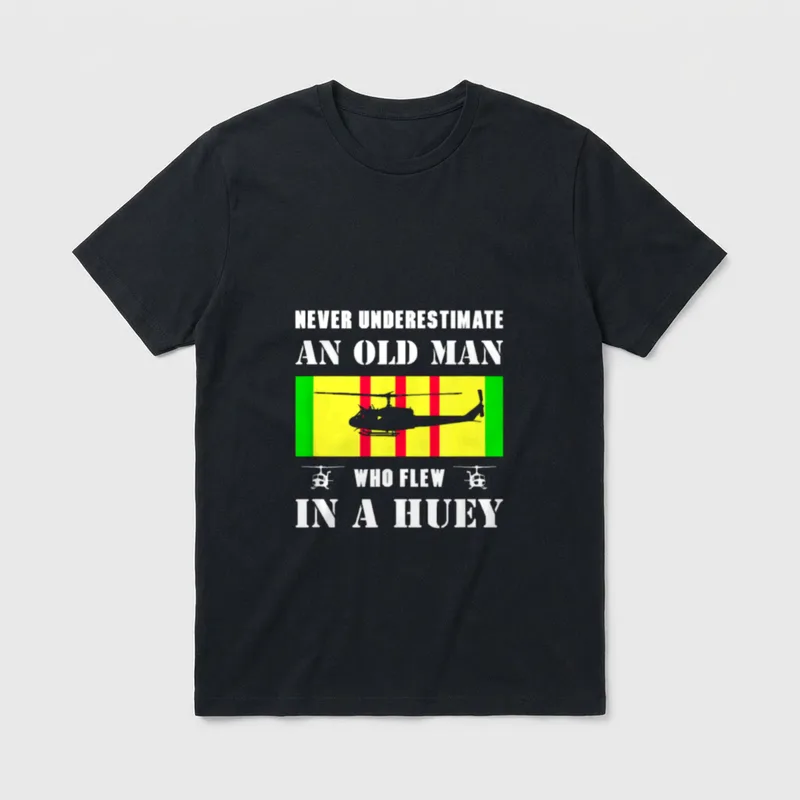 Old Man Helicopter Pilot T-Shirt – Never Underestimate An Old Man Who Flew In A Huey – Classic T-Shirt in Black