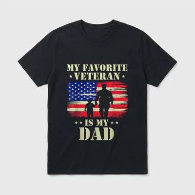Veterans Day Father T-Shirt – MY FAVORITE VETERAN IS MY DAD with flag and silhouette – Classic T-Shirt in Black