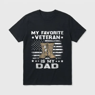 Kids Favorite Veteran Dad T-Shirt – MY FAVORITE VETERAN IS MY DAD with boots and flag – Classic T-Shirt in Black