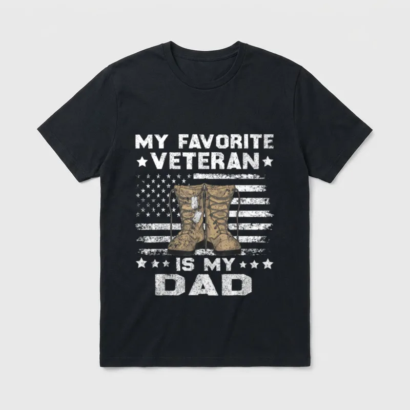 Kids Favorite Veteran Dad T-Shirt – MY FAVORITE VETERAN IS MY DAD with boots and flag – Classic T-Shirt in Black