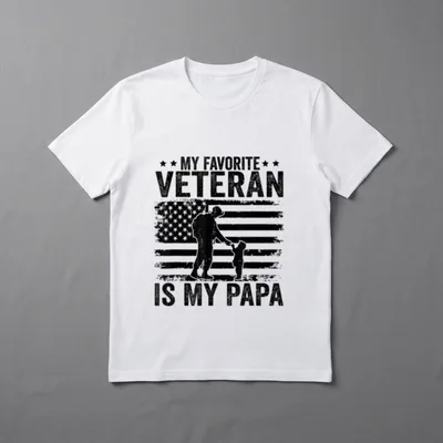 Military Grandpa Papa T-Shirt – MY FAVORITE VETERAN IS MY PAPA with flag and silhouette – Classic T-Shirt in Black