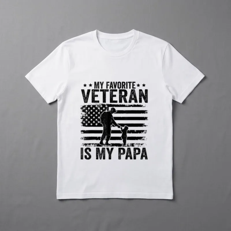 Military Grandpa Papa T-Shirt – MY FAVORITE VETERAN IS MY PAPA with flag and silhouette – Classic T-Shirt in Black