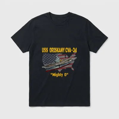 USS Oriskany Veteran T-Shirt – USS ORISKANY CVA-34 and "Mighty O" in yellow lettering – Classic T-Shirt in Black