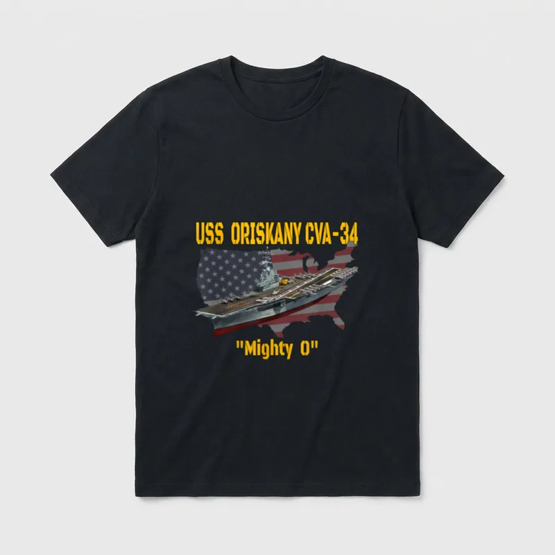 USS Oriskany Veteran T-Shirt – USS ORISKANY CVA-34 and "Mighty O" in yellow lettering – Classic T-Shirt in Black