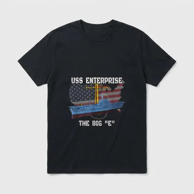 USS Enterprise CV-6 Veteran T-Shirt – USS Enterprise ship with The Big E text and naval cross – Classic T-Shirt in Black