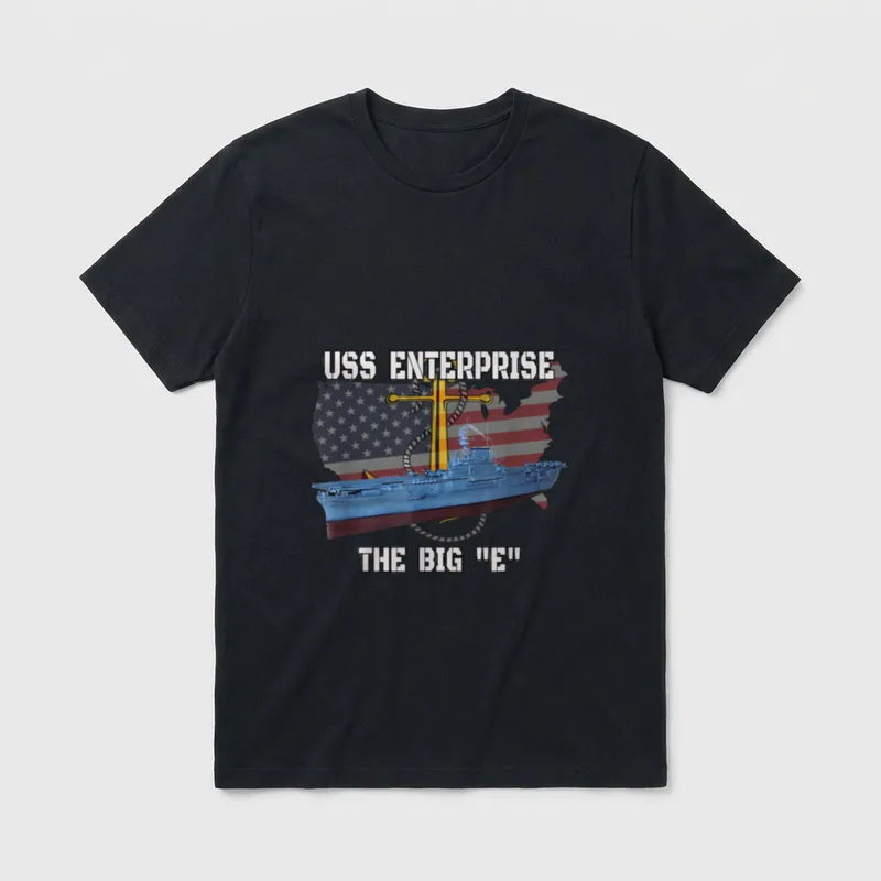 USS Enterprise CV-6 Veteran T-Shirt – USS Enterprise ship with The Big E text and naval cross – Classic T-Shirt in Black