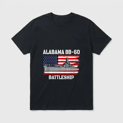 USS Alabama Battleship Veteran T-Shirt – USS Alabama BB-60 battleship across American flag – Classic T-Shirt in Black