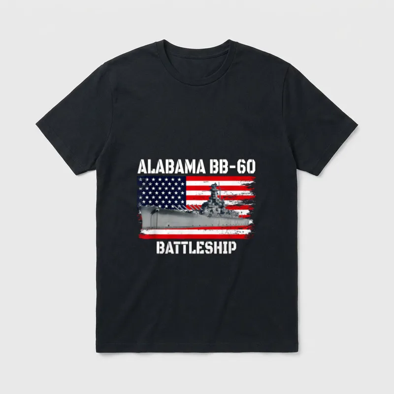 USS Alabama Battleship Veteran T-Shirt – USS Alabama BB-60 battleship across American flag – Classic T-Shirt in Black