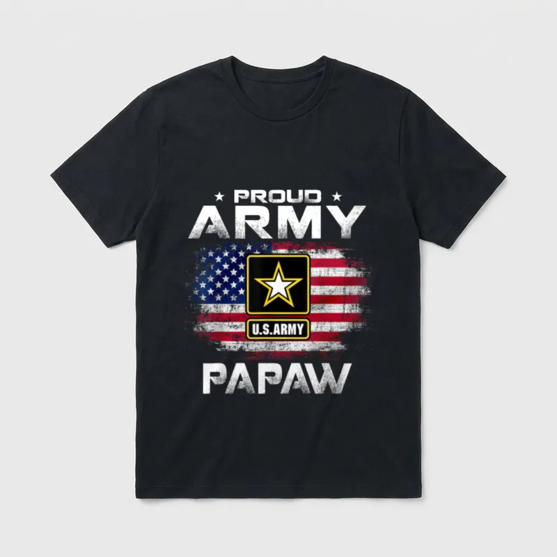 Proud Army Papaw T-Shirt – PROUD ARMY PAPAW with U.S. Army star insignia and American flag – Classic T-Shirt in Black