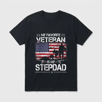 Stepdad Veteran Flag Father T-Shirt – My Favorite Veteran Is My Stepdad text with flag and soldier – Classic T-Shirt in Black