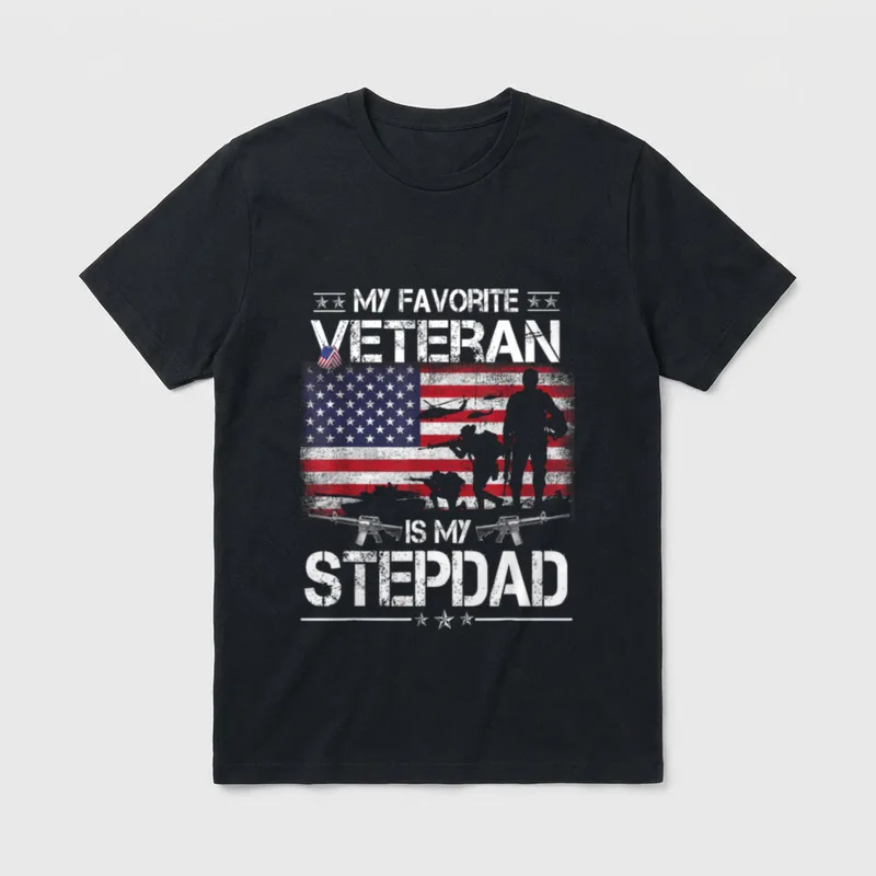 Stepdad Veteran Flag Father T-Shirt – My Favorite Veteran Is My Stepdad text with flag and soldier – Classic T-Shirt in Black